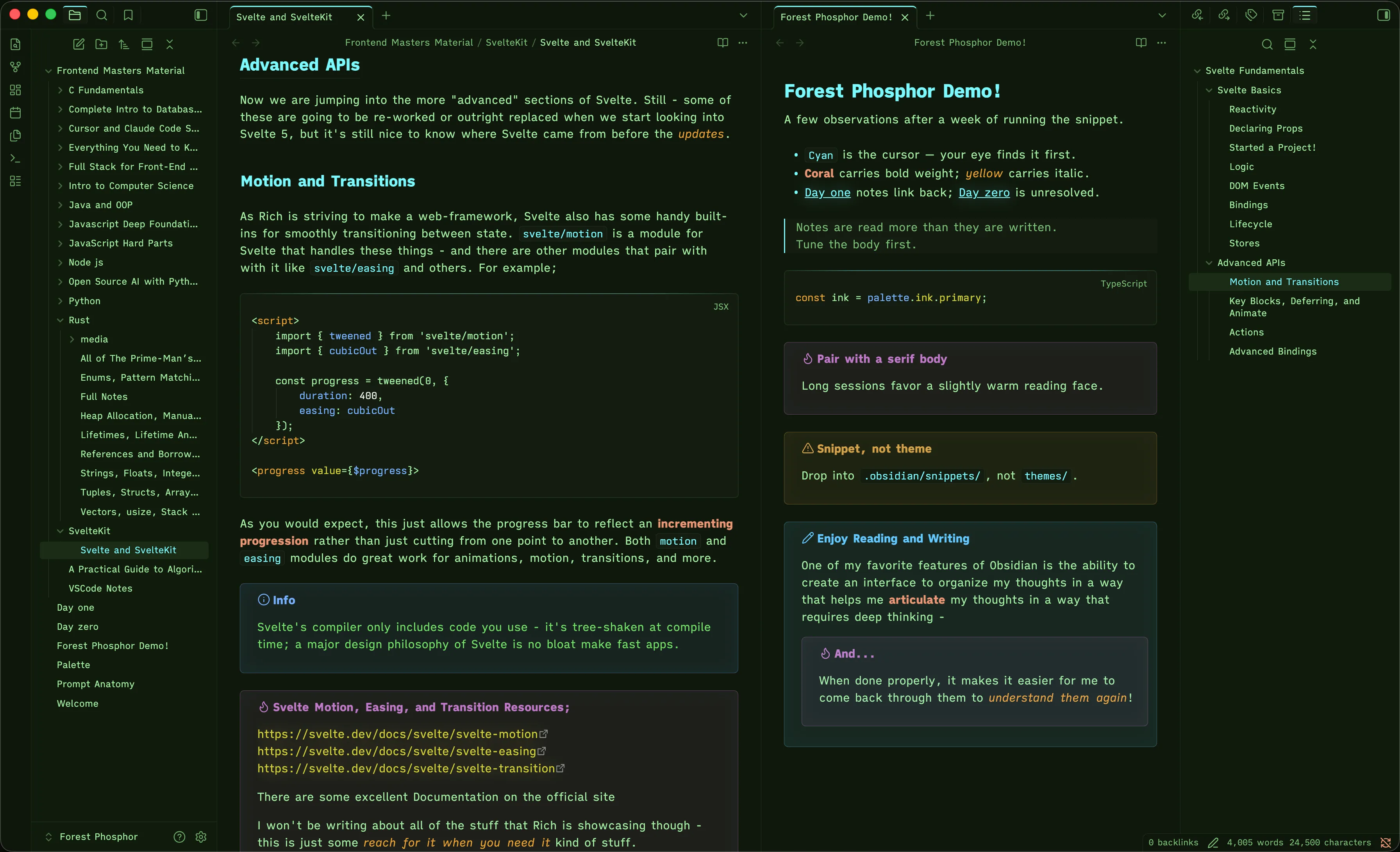 Forest Phosphor Obsidian theme — full vault view