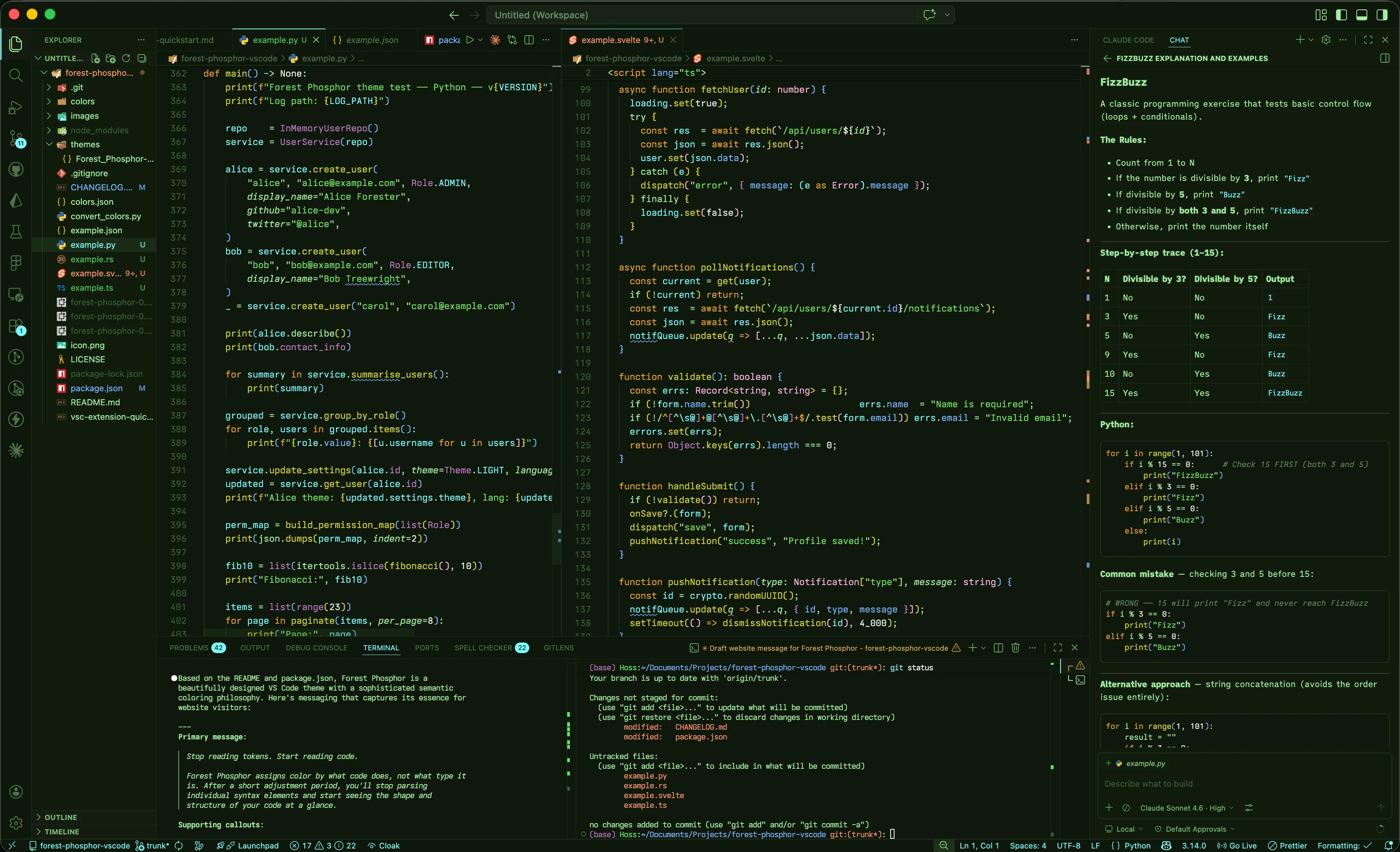 Forest Phosphor VS Code theme — full editor overview